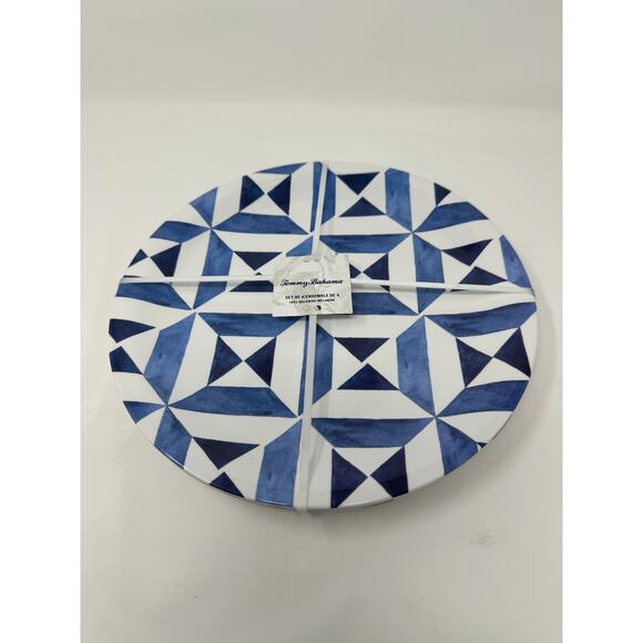 Tommy Bahama Melamine Dinner Plates Set 4 Blue & White Geometric pattern NEW - Picture 1 of 3